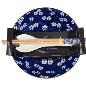 SH Home Blue Floral Ceramic‎ Ramen Noodle Bowl 43oz With Chopsticks And Spoons